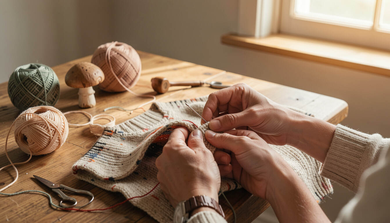Mend a favourite jumper with visible darning: editorial still life showing a wool needle, matching yarn, and a reinforcement patch