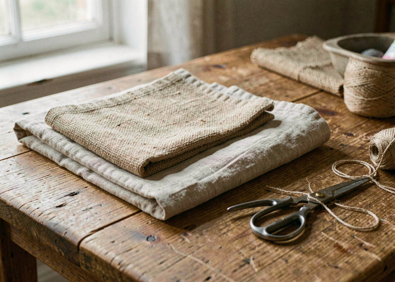 Natural fabric samples arranged in a calm, tactile study