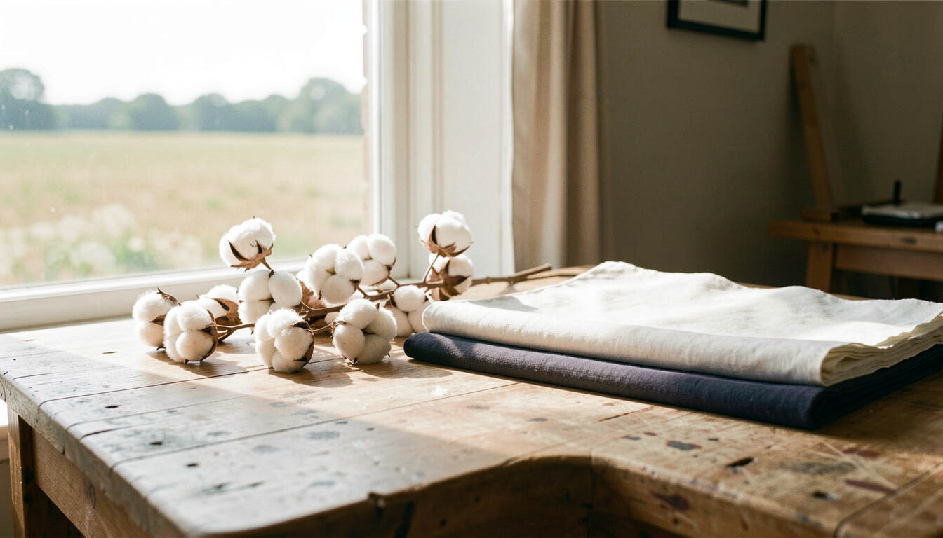 Understand organic cotton versus conventional cotton: editorial still life showing water use, soil health, and certification claims